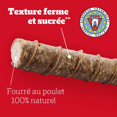 Texture ferme et sucrée. Fourré au poulet 100% naturel. Sceau European Veterinary Dental Society EVDS visible.