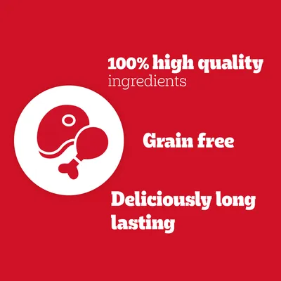 100% high quality ingredients, Grain free, Deliciously long lasting – tekst w języku angielskim na czerwonym tle z ikoną mięsa i udka.