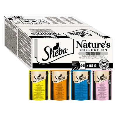 Sheba Nature's Collection, 96 x 85g pouches in assorted colours. Visible text: Sheba, Nature's Collection, 96 x 85g. Four pouch varieties shown below box.