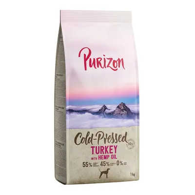Purizon Cold-Pressed Turkey s konopným olejom, 55 % bielkovín, 45 % zeleniny a ovocia, 0 % obilnín. Balenie s horskou krajinou a symbolom psa. Hmotnosť: 1 kg.