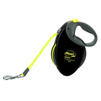 Flexi Giant Professional Hundeleine, 10m Länge, schwarz mit gelbem Band und ergonomischem Griff. Made in Germany.