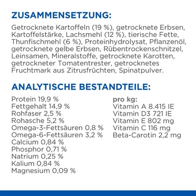 Samenstelling: gedroogde aardappelen, erwten, zalmmeel, dierlijke vetten, tonijnmeel. Analytische bestanddelen: eiwit 19,9%, vetgehalte 14,9%, vitamines A, D3, E, C, bètacaroteen.