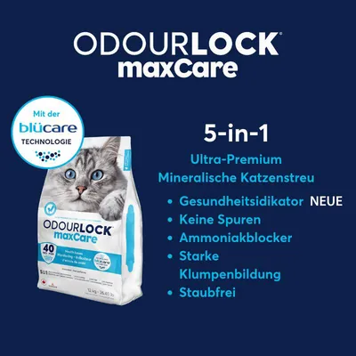 OdourLock maxCare Ultra-Premium mineralische Katzenstreu mit blücare Technologie. 5-in-1: Gesundheitsindikator, keine Spuren, Ammoniakblocker, starke Klumpenbildung, staubfrei.