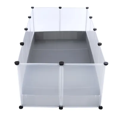 Enclos rectangulaire transparent en plastique rigide avec panneaux et connecteurs noirs, fond gris visible, sans animaux ni accessoires.