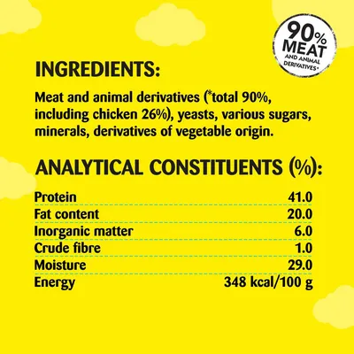 Ingredients: meat and animal derivatives 90% including chicken 26%, yeasts, sugars, minerals, vegetable derivatives. Protein 41%, fat 20%, fibre 1%, moisture 29%, energy 348 kcal/100g.