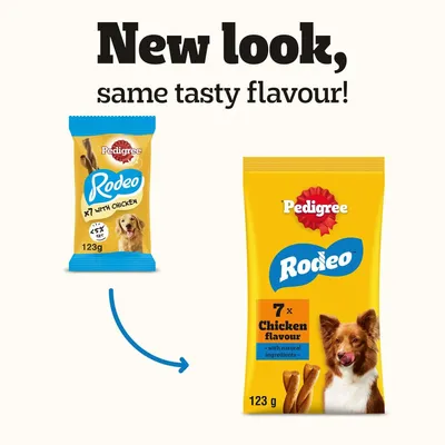 Pedigree Rodeo Packaging change: old design on the left, new design on the right. Both with 7 pieces chicken flavour, 123g. Text: New look, same tasty flavour!