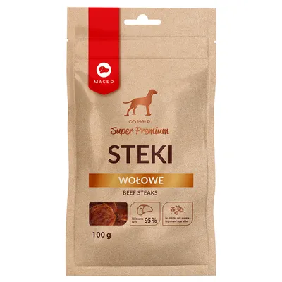 Maced Super Premium Steki Wołowe, Beef Steaks, 95 % wołowina, sans sucre ajouté, sachet de 100 g. Texte en polonais et anglais visible sur l’emballage.