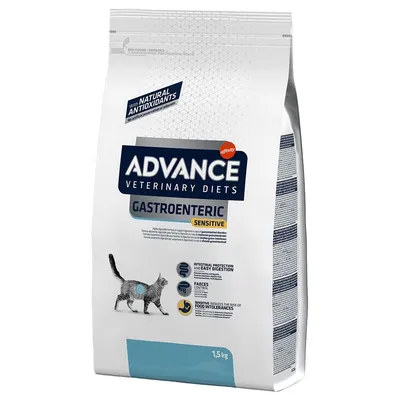 Advance Veterinary Diets Gastroenteric Sensitive per gatti, 1,5 kg. Con antiossidanti naturali. Testo visibile: intestinal protection and easy digestion, faeces control, food intolerances.