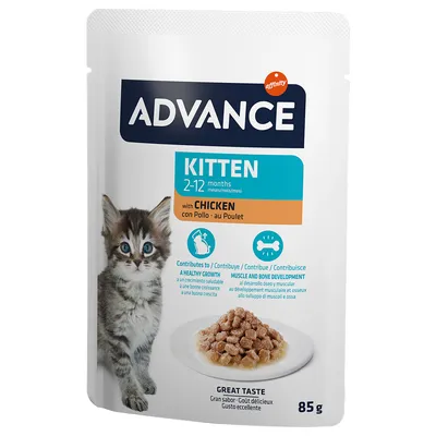 Advance Kitten 2–12 months with Chicken, mokra hrana za mačiće, prikaz pakiranja od 85 g s fotografijom mačića i hrane na tanjuru. Vidljiv tekst: great taste.