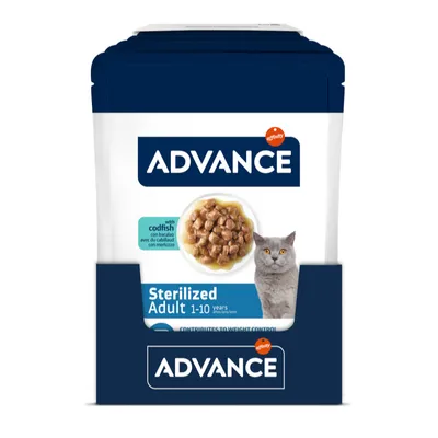 Advance Sterilized Adult 1-10 años alimento para gatos con bacalao, ayuda al control de peso. El envase muestra imagen del producto y un gato.