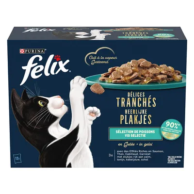 Boîte Purina Felix Délices Tranchés, sélection de poissons en gelée, 90 % protéines animales, cuit à la vapeur. Texte : saumon, thon, cabillaud, carrelet. 12 sachets visibles.