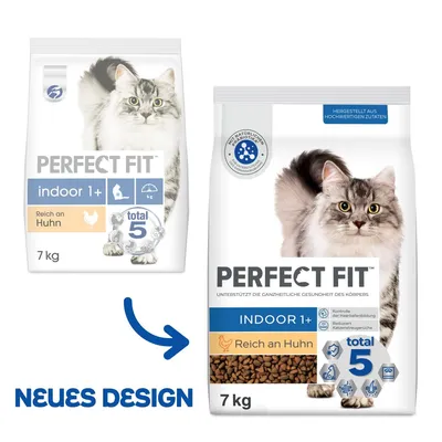 Deux sacs de croquettes Perfect Fit Indoor 1+ Reich an Huhn 7 kg pour chat, ancien et nouveau design. Texte allemand « NEUES DESIGN » en bas à gauche.