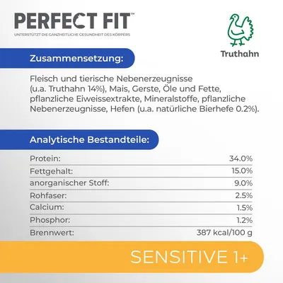 Perfect Fit Sensitive 1+ с индейкой. Состав: мясо и продукты животного происхождения, кукуруза, ячмень, масла, растительные белковые экстракты. Белок 34%, жир 15%, энергетическая ценность 387 ккал/100 г.