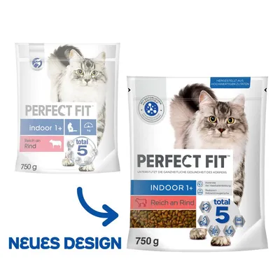 Perfect Fit Indoor 1+ Katzenfutter, reich an Rind, 750g. Neues Design mit Total 5 Gesundheitsvorteilen und hochwertiger Rezeptur.