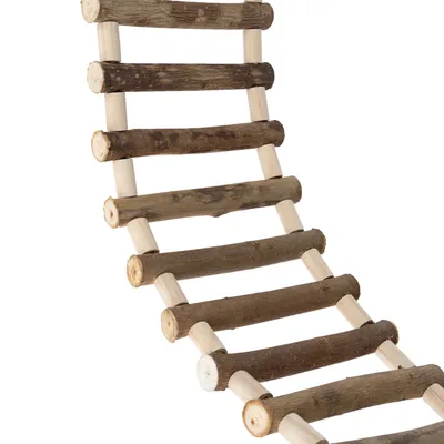 Holzleiter aus Naturholz mit runden Sprossen, geeignet für Kleintiere oder Vögel. Flexibel und anpassbar für Käfige oder Gehege.