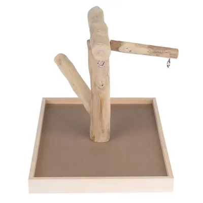 Wooden frame with two branches and metal rings on a square wooden base, suitable for bird toys or accessories.