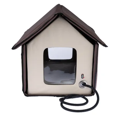 Heated pet house with brown roof, window and power cable connection. Suitable for indoor and outdoor use.
