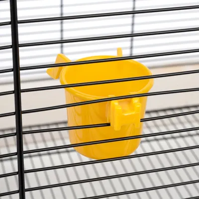 Gobelet jaune en plastique fixé sur les barreaux d’une cage, accessoire pour cage d’animaux.