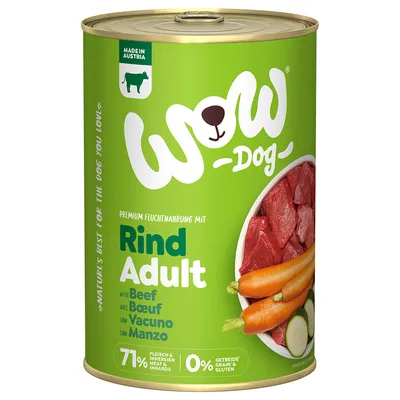 WOW Dog Premium Feuchtnahrung Rind Adult, Made in Austria, 71% Fleisch & Innereien, 0% Getreide & Gluten.