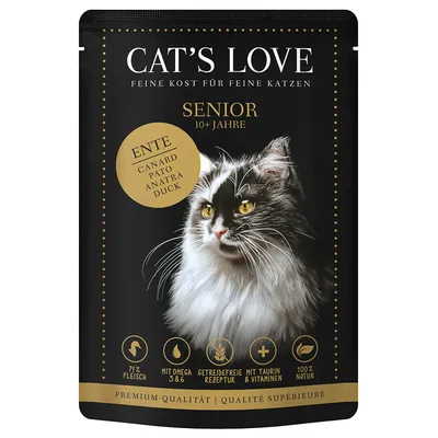 Cat's Love Senior 10+ anni, anatra. 71% carne, con Omega 3 e 6, ricetta senza cereali, con taurina e vitamine, 100% naturale. Qualità premium per gatti dai 10 anni.