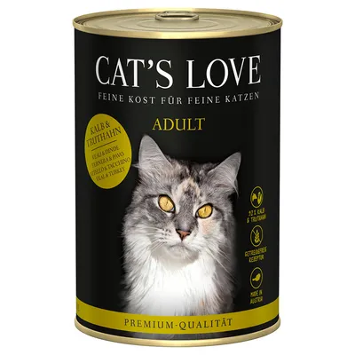 Cat's Love Adult cibo per gatti, vitello e tacchino, 92% carne, ricetta senza cereali, qualità premium, prodotto in Austria.