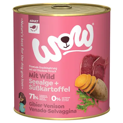 Boîte WOW Adult gibier, algue et patate douce, 71 % viande et abats, 0 % céréales et gluten, texte multilingue visible sur l’étiquette. Illustration de viande, patate douce et algue.