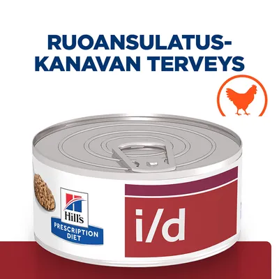 Hill's Prescription Diet i/d -säilykepurkki, teksti: ruoansulatuskanavan terveys, oranssi kanan siluetti