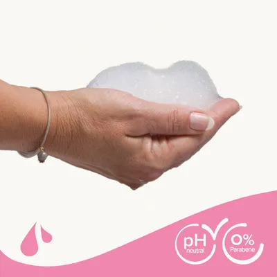 Hand mit Schaum, pH-neutral und 0% Parabene. Symbol für Tropfen auf rosa Hintergrund.