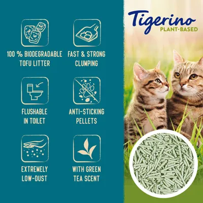 Tigerino plant-based litter features: 100% biodegradable tofu, fast clumping, flushable in toilet, anti-sticking pellets, extremely low-dust, with green tea scent.