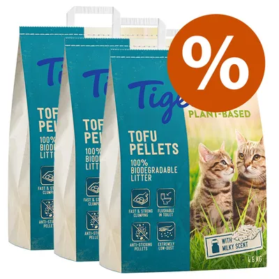 Tigerino Tofu Pellets, 100% biodegradowalne żwirki, roślinne, o mlecznym zapachu, szybko zbrylające się, spłukiwane w toalecie, nieprzywierające, bardzo mało pylące. 4,6 kg.