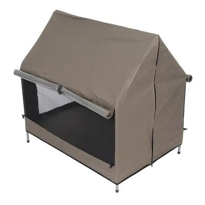 Bruine tent met gaasraam en oprolbare voorflap, metalen frame met vier poten.