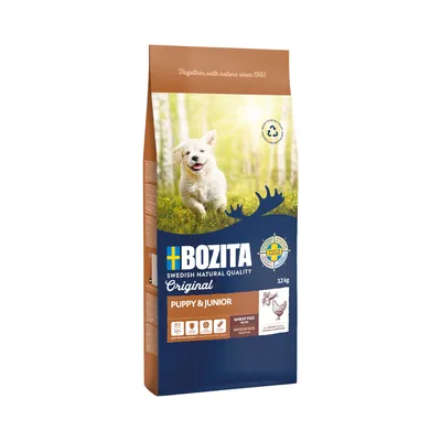 Bozita Swedish Natural Quality Original Puppy & Junior, rețetă fără grâu, 12 kg. Conține 25% proteină, 13% grăsime. Produs în Suedia.