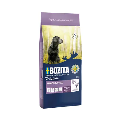 Bozita Original Senior & Vital, 12kg. Rețetă fără grâu cu pui. Calitate suedeză din 1903. Simbol de reciclare vizibil.