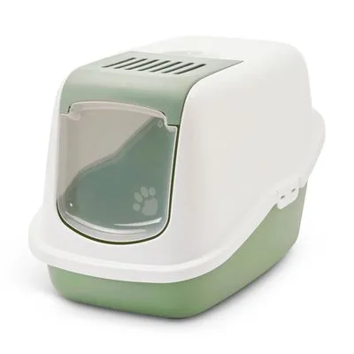 Kattenbak met deksel, scharnierende transparante deur met pootafdruk, ventilatierooster bovenop, kunststof materiaal, lichtgroene onderbak en witte kap.
