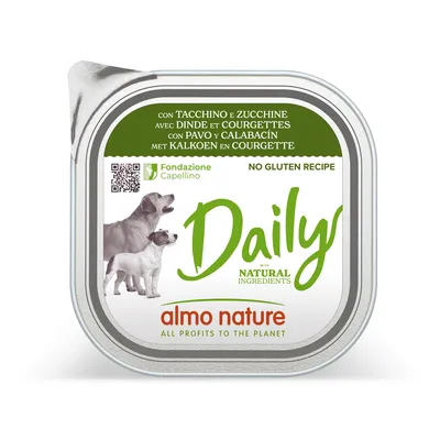 Almo Nature Daily med naturliga ingredienser, glutenfritt recept, med kalkon och zucchini. Fondazione Capellino. All profits to the planet.