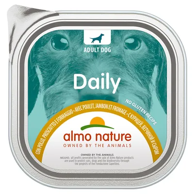 Conservă almo nature Daily pentru câini adulți, cu pui, jambon și brânză. Fără gluten. Text vizibil: 'almo nature', 'Daily', 'ADULT DOG', 'NO GLUTEN RECIPE'.
