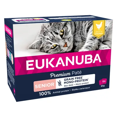Eukanuba Premium Paté Senior, spannmålsfri, monoprotein, rik på kyckling, 100 % animaliskt protein, förpackning med 12 x 85 g.