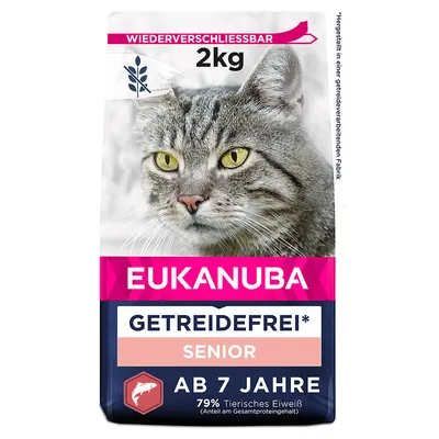 Eukanuba Senior cibo per gatti senza cereali, richiudibile, 2 kg, da 7 anni, 79% proteine animali. Prodotto in uno stabilimento che lavora cereali.