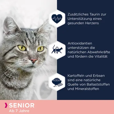 Senior Katzenfutter ab 7 Jahre. Zusätzliches Taurin für ein gesundes Herz, Antioxidantien für Abwehrkräfte und Vitalität, Kartoffeln und Erbsen als Ballaststoff- und Mineralstoffquelle.