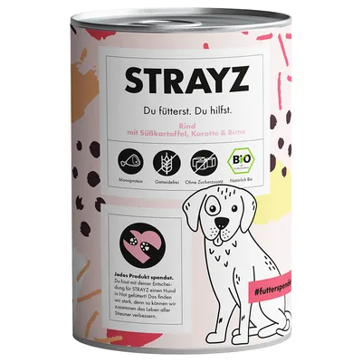 STRAYZ Rind mit Süsskartoffel, Karotte & Birne. Monoprotein, getreidefrei, ohne Zuckerzusatz, natürlich Bio. Jedes Produkt spendet für Hunde in Not. #futterspenden.