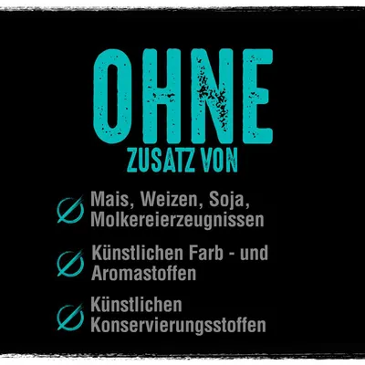 Texte en allemand : OHNE ZUSATZ VON Mais, Weizen, Soja, Molkereierzeugnissen, künstlichen Farb- und Aromastoffen, künstlichen Konservierungsstoffen. Texte non traduit.