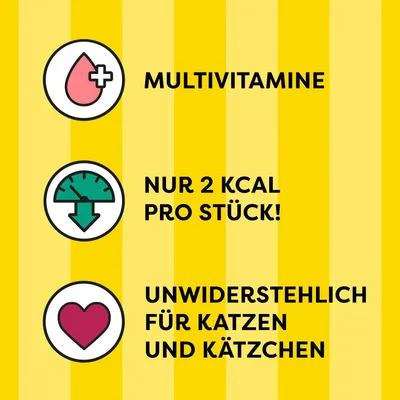 Текст на немецком: MULTIVITAMINE, NUR 2 KCAL PRO STÜCK!, UNWIDERSTEHLICH FÜR KATZEN UND KÄTZCHEN. Значки капли, весов и сердца.