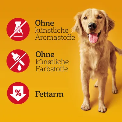 Ohne künstliche Aromastoffe, Ohne künstliche Farbstoffe, Fettarm – tekst na njemačkom jeziku uz sliku psa na žutoj pozadini.