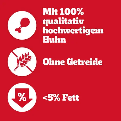 Mit 100% qualitativ hochwertigem Huhn, Ohne Getreide, <5% Fett (tekst na njemačkom jeziku)