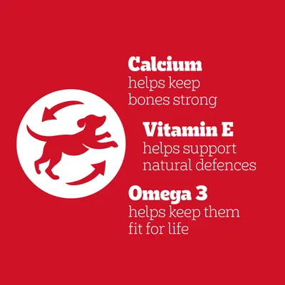 Calcium helps keep bones strong, Vitamin E helps support natural defences, Omega 3 helps keep them fit for life. Teksti englanniksi.