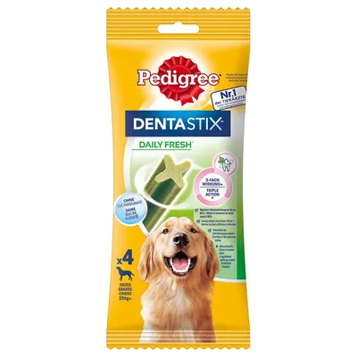 Pedigree DentaStix Daily Fresh dla dużych psów powyżej 25 kg, 4 sztuki w opakowaniu. Widoczny napis: bez dodatku cukru, potrójne działanie. Na opakowaniu zdjęcie psa.