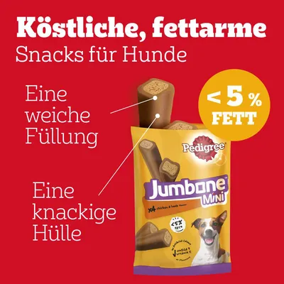 Pedigree Jumbone Mini. Ízletes, alacsony zsírtartalmú kutyasnack kevesebb mint 5% zsírral, puha töltelékkel és ropogós külsővel.