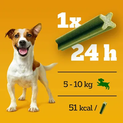 Doporučené dávkování: 1 tyčinka každých 24 h pro psa 5–10 kg, energetická hodnota 51 kcal na jednu tyčinku. Zelená žvýkací tyčinka zobrazená vedle psa.