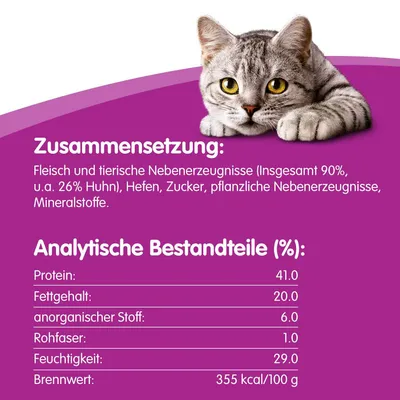 Zusammensetzung: Fleisch und tierische Nebenerzeugnisse (90%, u.a. 26% Huhn), Hefen, Zucker, pflanzliche Nebenerzeugnisse, Mineralstoffe. Analytische Bestandteile: Protein 41%, Fett 20%, Brennwert 355 kcal/100g.