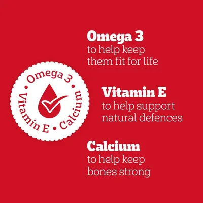 Omega 3, vitamin E and calcium are highlighted. Text: Omega 3 for fitness, vitamin E to support the immune system, calcium for strong bones.